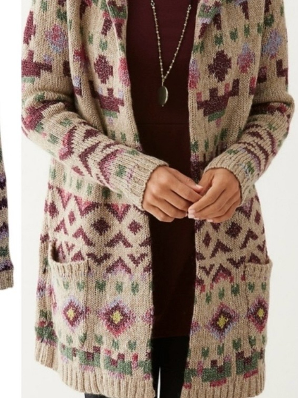 J. Jill Beige Aztec-Pattern Open Cardigan with Mauve and Green Accents